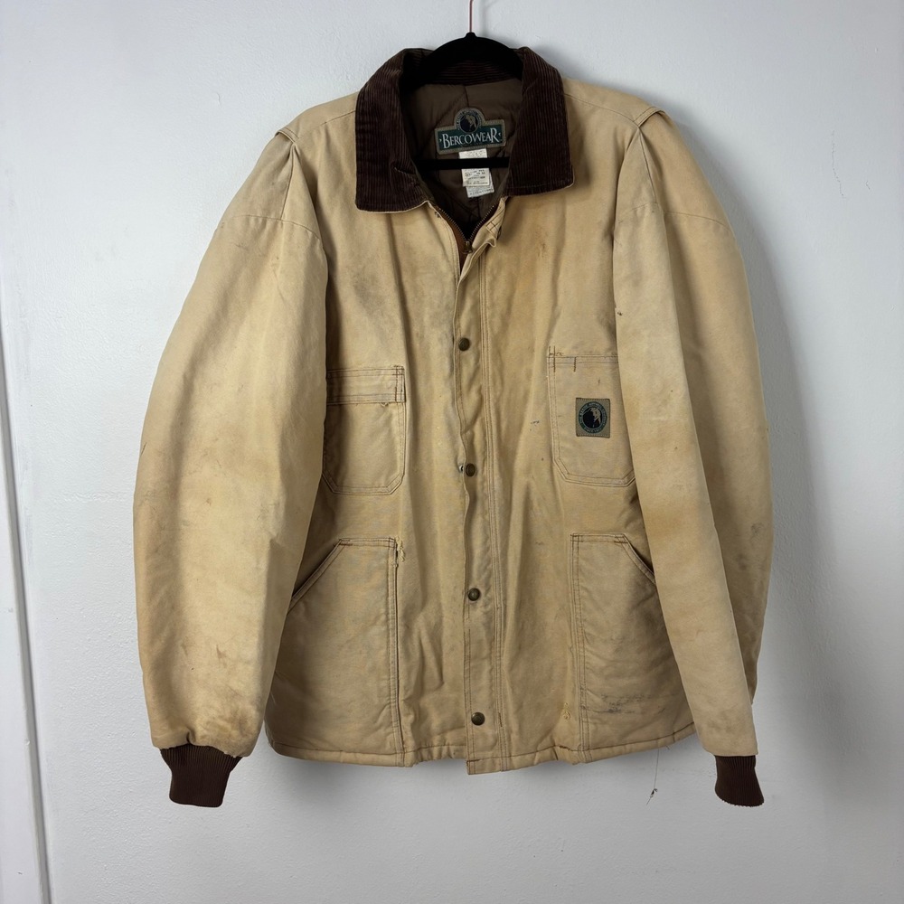 VTG Berco Wear Canvas Chore Jacket Thrashed Distressed Mens XL Corduroy Collar